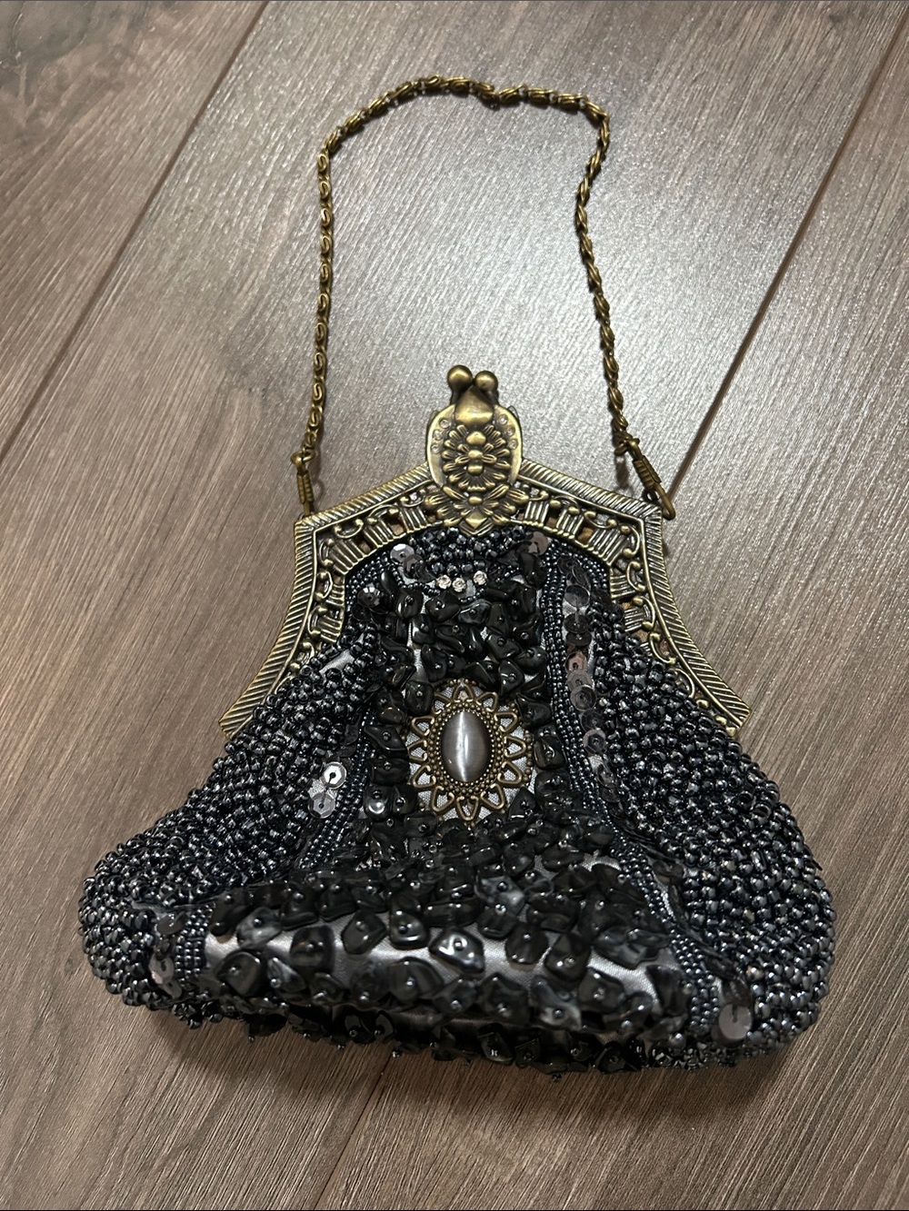 Beaded Black Evening Clutch with Ornate Gold Frame